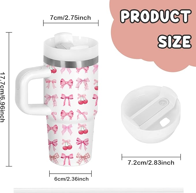 Bow Gifts for Girls - 14oz Pink Kids Bowknot Themed Tumbler with Handle and Straw, Stainless Steel Insulated Water Cup, for Sport, School, Travel - Cute Pink Bow Themed Children Birthday Gift Cup(1pc)