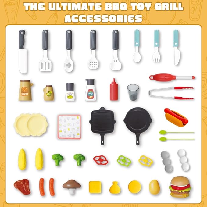 Kids BBQ Grill Playset, Kitchen Playset with Smoke Sound Light and Wheel, Movable Pretend Play Toy Grills for Kids Ages 4-8, 2-Layer Outdoor Cooking Toys for Toddlers 3-5 Birthday Gifts