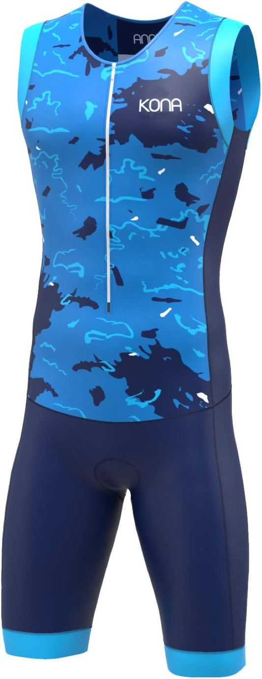 KONA Mens Assault Triathlon Race Suit - Sleeveless Skinsuit Padded Cycling Tri Suit for Swim Bike Run