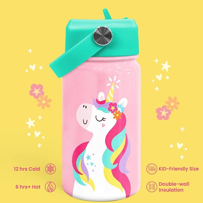 Unicorn Water Bottle - Kids Water Bottle with Straw Lid - 12 Oz Insulated Stainless Steel Water Bottles for Kid Girls - Travel Cup for School Sports
