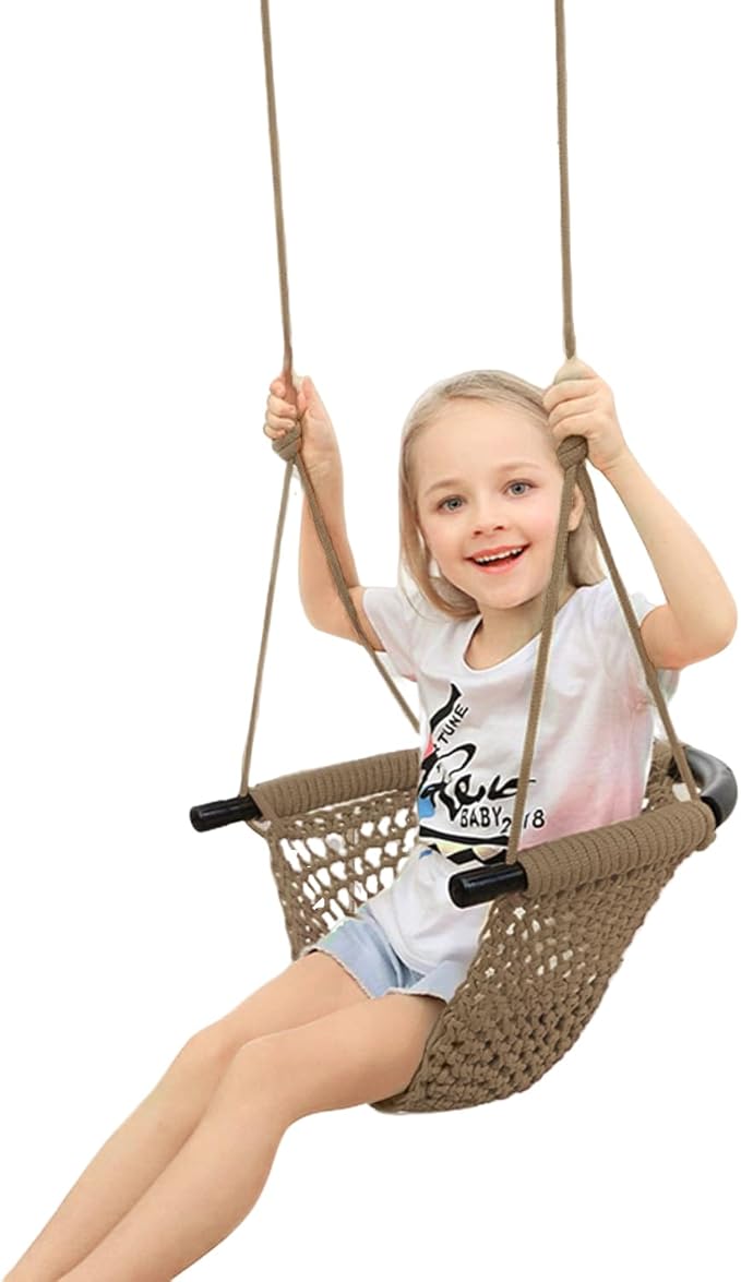 JKsmart Toddler Swing, Swing Seat for Kids Heavy Duty Rope Play Secure Children Swings Set, Perfect for Indoor,Outdoor,Playground,Home,Tree,with Snap Hooks & Straps,440 lbs Capacity, Light Brown