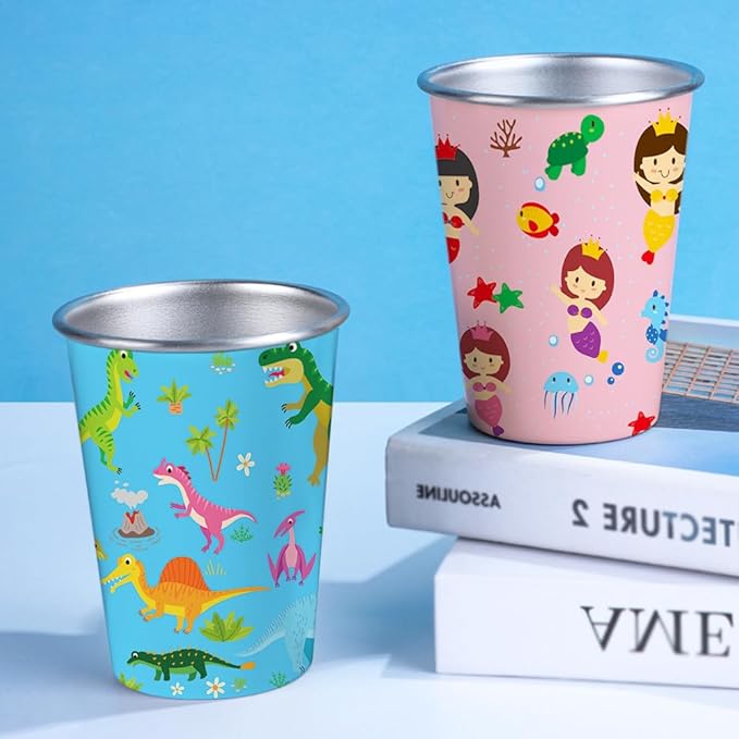 LOZACHE Stainless Steel Kids Cups, 4 Pack 12oz Metal Drinking Pint Cup with Fun Prints (Unicorn, Mermaid, Dinosaur, Vehicles), Stackable Drinking Glasses, BPA Free, Reusable for Home Party Camping