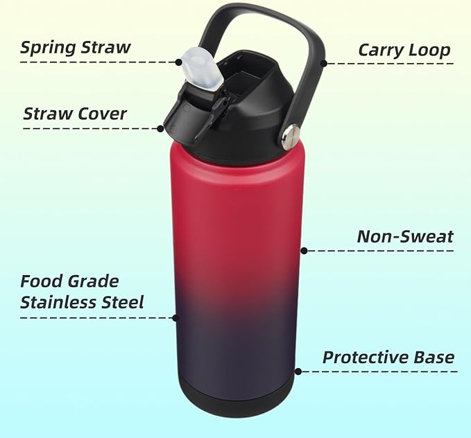 Insulated Water Bottle with Straw Lid,24 oz Stainless Steel Vacuum Metal Bottle with Silicone Handle,Rosy Red
