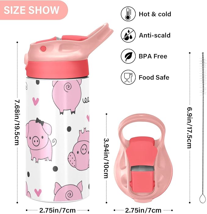 Kigai Cute Pig Kids Water Bottle, Vacuum Insulated Stainless Steel Water Bottle, Double Walled Leakproof Tumbler Travel Cup for Girls Boys Toddlers, 12 oz