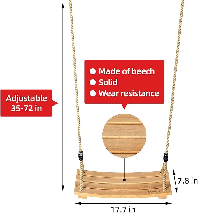 Wooden Tree Swings Tree Swing for Adults Children Kid's Wood Swing Seat with Adjustable Rope 220lbs Load Wooden Swing Set for Indoor Outdoor
