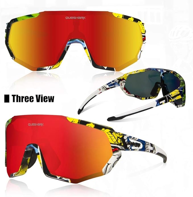 Queshark Cycling Glasses, Sports Sunglasses for Men Women, 1 Polarized 2 HD Lens, Polarized Sunglasses for Cycling Running