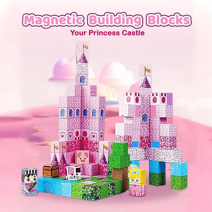 100PCS Magnetic Building Blocks for Kids – Pink Princess Castle Magnetic STEM Toys & Cubes, Squares Sets, Princess Gifts for 3-8 Years Old Girls, Birthday Gifts