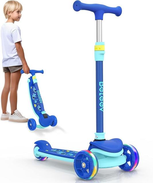 BELEEV A8 Scooter for Kids Ages 3-12, 3 Wheel Folding Scooter for Toddlers Girls Boys, LED Light-Up Wheels, 4 Adjustable Height, Lean to Steer, Extra Wide Wheels, Three Wheel Kick Scooter for Children