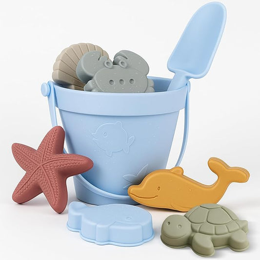 Baby Beach Toys for Toddlers 1-3, Collapsible Silicone Beach Bucket Shovel Set with 6 Sand Molds, Toddler Sand Toys for Kids, Boys, Girls, Travel (Blue)