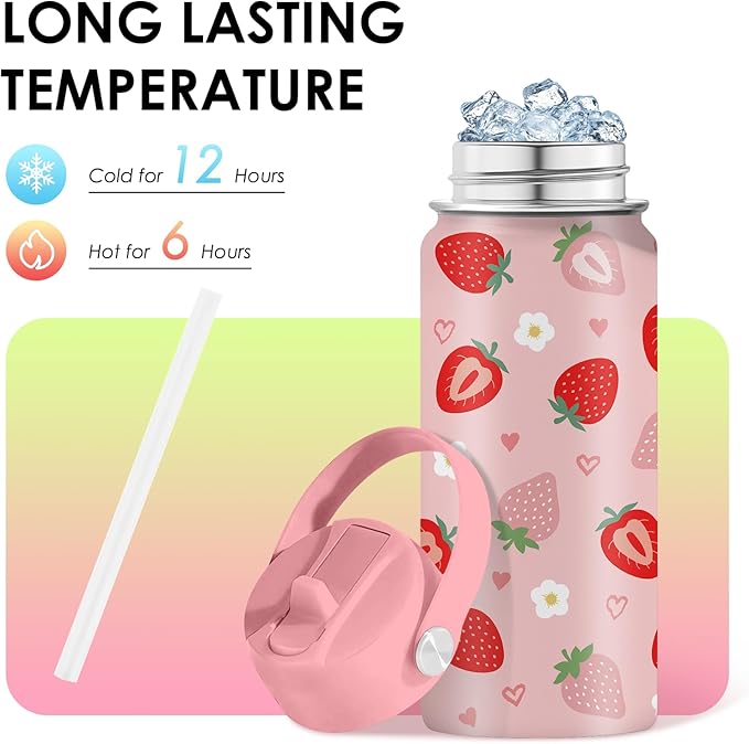16oz Insulated Water Bottle with Handle & Flip Straw Strawberry-Themed Tumbler, Stainless Steel Heart-Shape Themed Mugs, Gifts for Girls Coworkers, Friend, Travel Cup