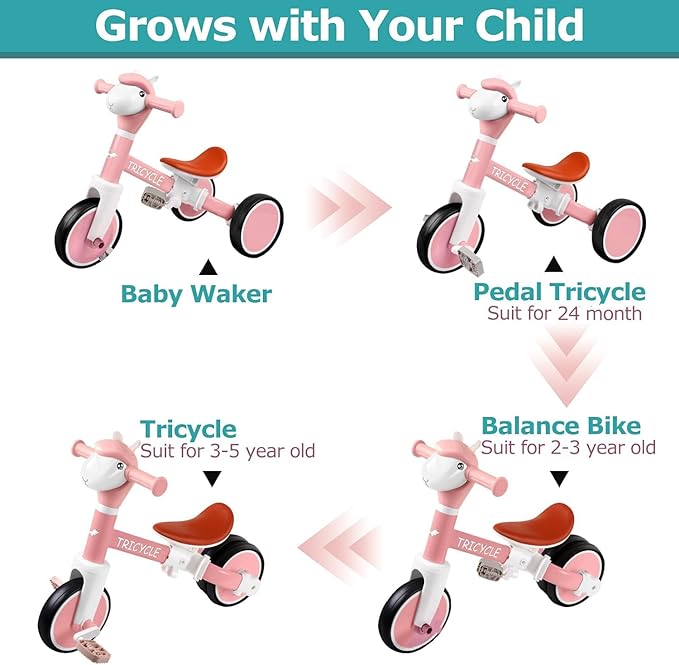 Tricycle for Toddlers 1-5 Year Olds, Toddler Balance Bike for Boys Girls 2-4, Toddler Tricycle with Light & Music Front, Kids Bicycle with Removable Pedal, Birthday Gifts for 1 2 3 4 5 Year (Pink)