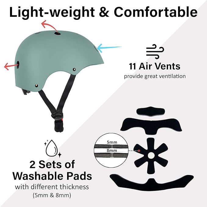 Skateboard Bike Helmet, Lightweight Adjustable, Multi-Sport for Bicycle Skate Scooter, 3 Sizes for Adult Youth & Kids