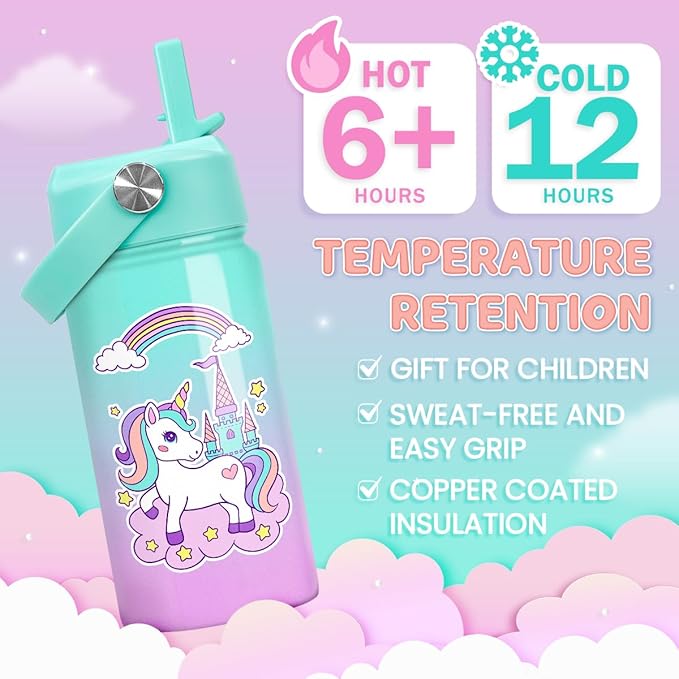 Unicorn Water Bottle - Kids Water Bottle with Straw Lid - 12 Oz Insulated Stainless Steel Ocean Water Bottles for Kid Girl- Travel Cup for School Sports
