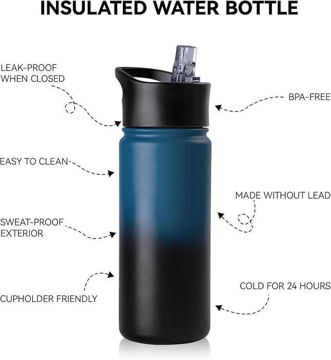 16 oz Insulated Water Bottle Bulk 4 Pack, Straw & Spout Lid, Keep Cold 24H, Spill Proof, BPA-Free, Double Wall, Stainless Steel Kids Water Bottles for School, Sports, Blue Black Gradient