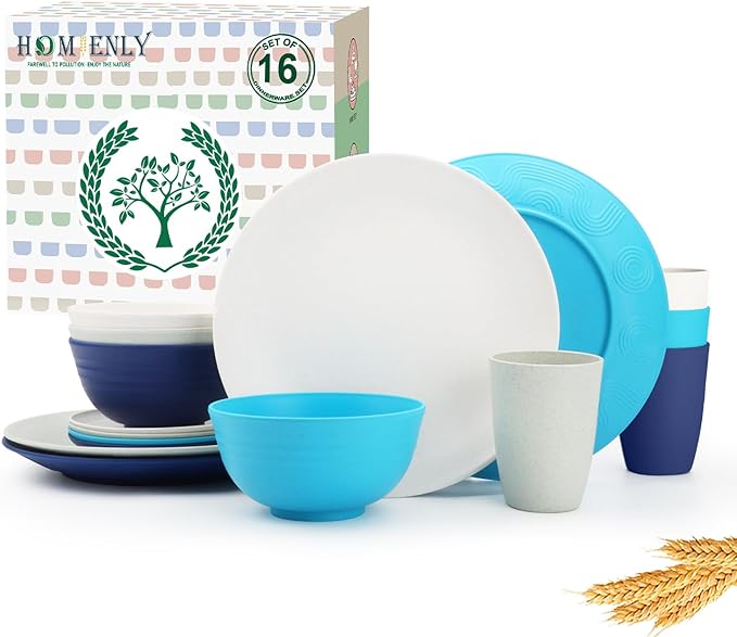 Homienly Premium Wheat Straw Dinnerware Sets, Plates and Bowls Sets,Cups,Alternative to Plastic Plates Service for 4, Dishwasher and Microwave Safe 16 PCS Dish Sets for Home,Camping - Island