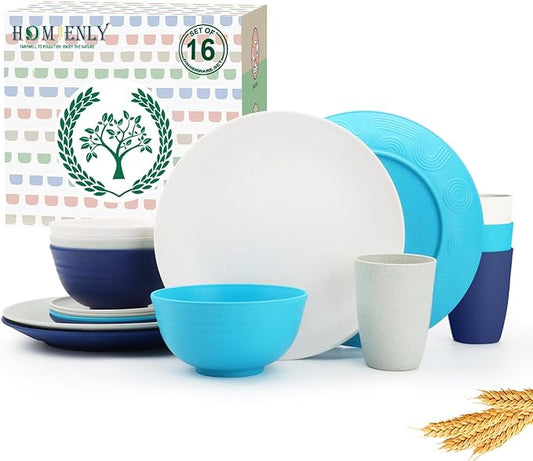 Homienly Premium Wheat Straw Dinnerware Sets, Plates and Bowls Sets,Cups,Alternative to Plastic Plates Service for 4, Dishwasher and Microwave Safe 16 PCS Dish Sets for Home,Camping - Island