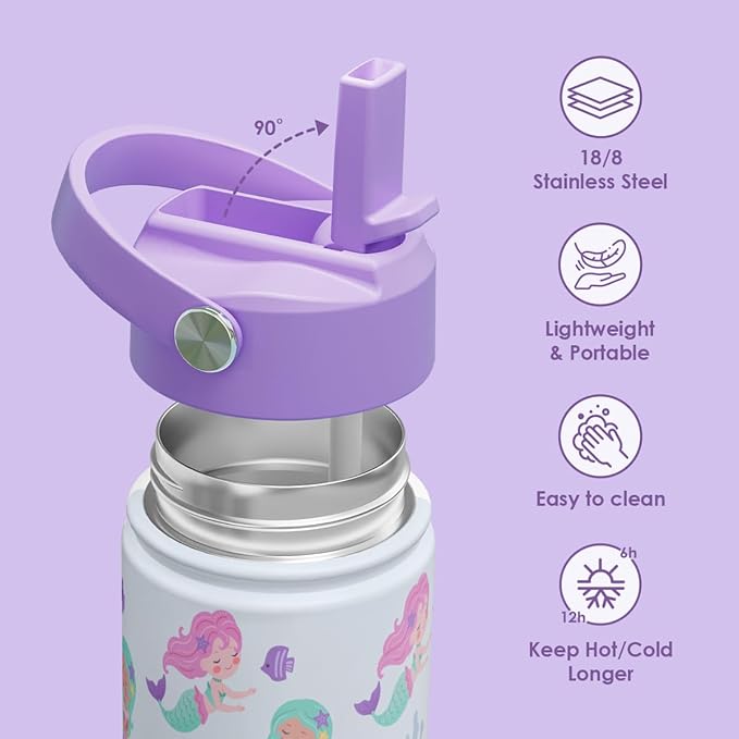 Kid Water Bottle 12oz with Straw Lid - 2-Pack Insulated Stainless Steel Water Bottles for Kids Girls - Travel Cup for School Sports, Rainbow & Mermaid