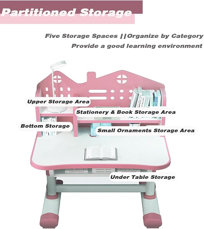 Kids' Table & Chair Set, Desk with Large Storage Drawer & Bookshelf, Height Adjustable (Pink)