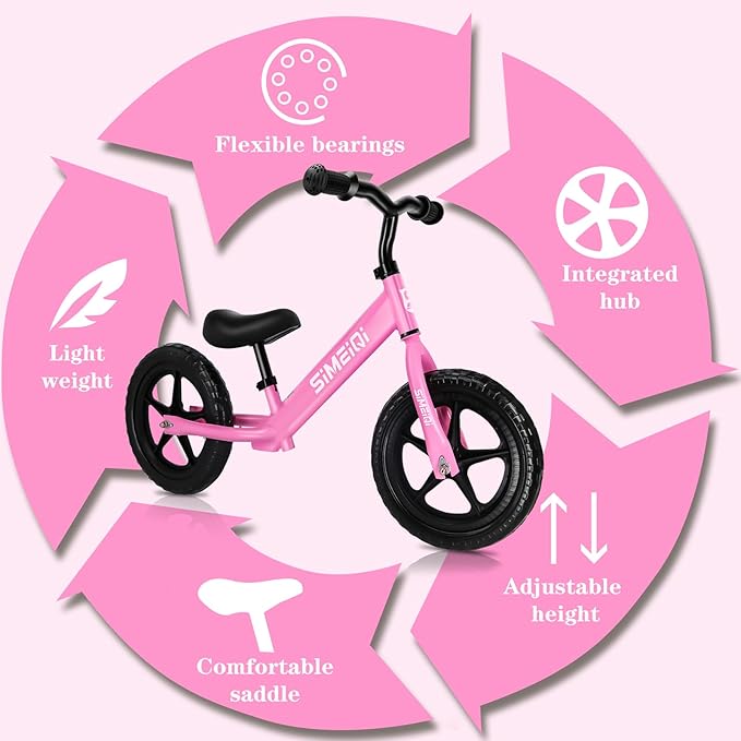 SIMEIQI 12" Balance Bike for Boys Girls 2 3 4 5 Years Old No Pedal Walking Balance Training Sports Bicycle for Kids Toddlers Lightweight Adjustable Seat & Handlebar