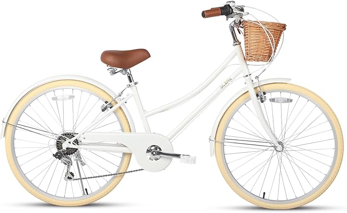 Glerc 20 24 26 Inch Beach Cruiser Bike, 6-Speed Hybrid City Bicycle for Girls Youth and Over 6 Years Old, Missy Bike with Wicker Basket & Lightweight, Multiple Colors