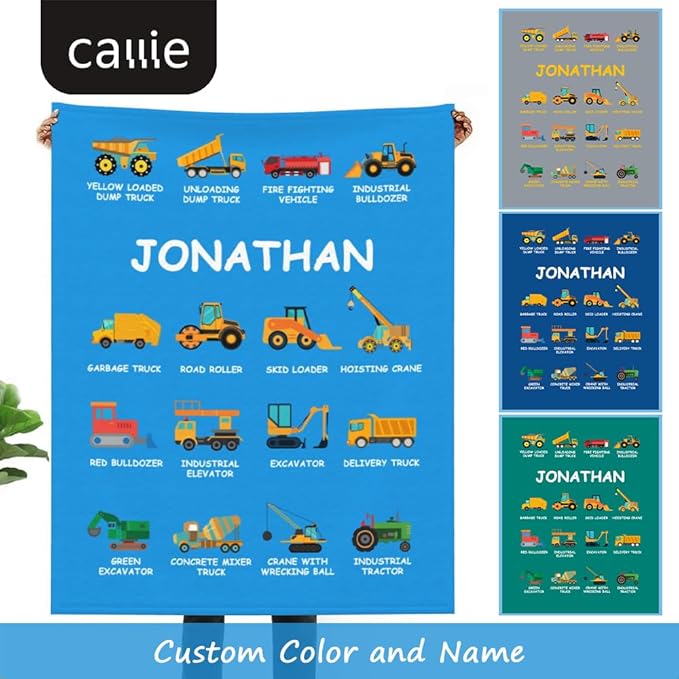 Personalized Truck Blankets for Kids, Custom Name Truck Throw Blanket for Baby, Boys, Soft Cozy Warm Flannel Plush, Christmas Birthday Gifts for Toddler