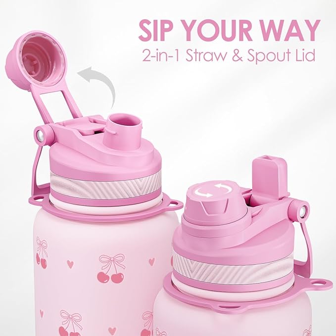 SANDJEST Cherry Stainless Steel Water Bottle with Strap 32oz, Insulated Bottles with Straw and Spout Lid for Gym Sports Travel Outdoor, Gifts for Women Girls Birthday Christmas