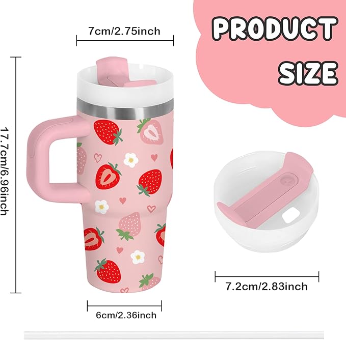 Strawberry Gifts for Girls - 14oz Cute Strawberry Kids Tumbler with Handle and Straw, Stainless Steel Insulated Water Cup, for School, Travel - Strawberries Themed Children Birthday Gifts Cups(1pc)