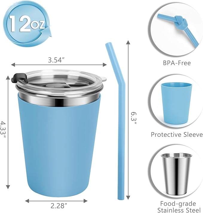Kids Cups with Straws and Lids Leak Proof, 12oz Sippy Cups for Toddlers 1-3, 2 Pack Spill Proof Cup Stainless Steel Kids Cups with Lids for School, Outdoor (Blue & Yellow)