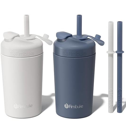Fimibuke Kids & Toddler Cups, 10 OZ Spill Proof Straw Cups for Toddlers, 2 Pack Leak-Proof Kid Insulated Tumbler with Screw-On Lid & Silicone Straw with Stopper, Stainless Steel Sippy Cup for Girl Boy
