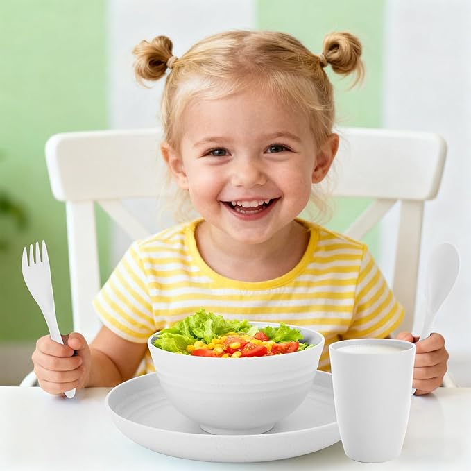 Wheat Straw Dinnerware Sets Service for 4, Unbreakable Kids Plates and Bowls Set 20 PCS, Microwave & Dishwasher Safe Dishes Set for Dinner, Kitchen, Camping, PV, Dorm - White