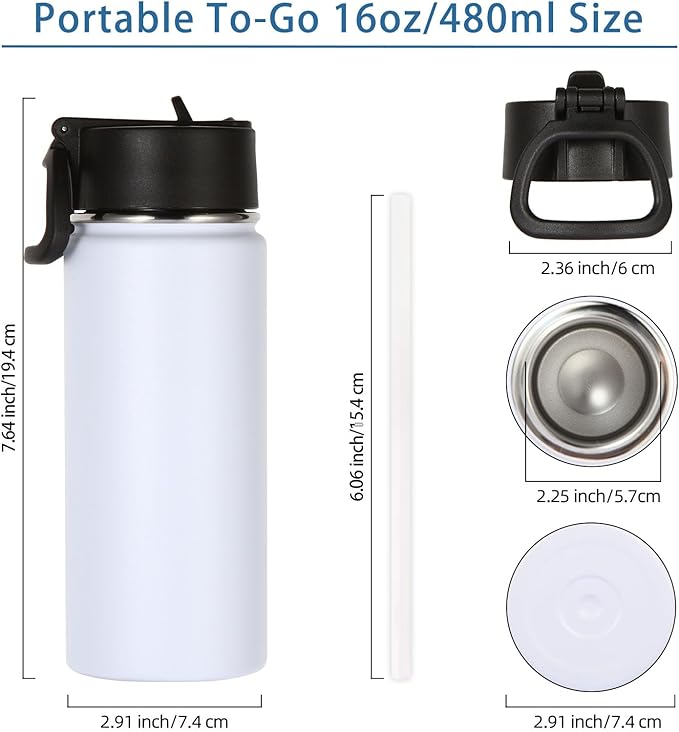 Volhoply 16 OZ Kids Water Bottle Bulk 2 Pack,Insulated Sports Bottles with Straw Lid,Stainless Steel Bottle with Handle Keep Cold & Hot,Double Wall Vacuum Tumbler Cups for School,Girls(White, 2)