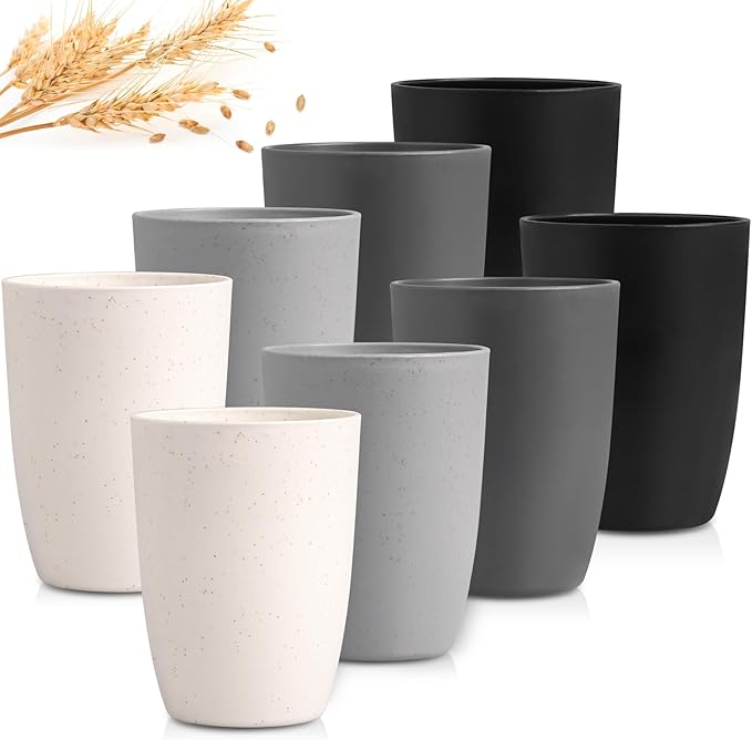 12 OZ Wheat Straw Cups Reusable Drinking Tumblers, Unbreakable Cups for Kitchen - BPA Free, Dishwasher Safe, Set of 8, Ombre Grey
