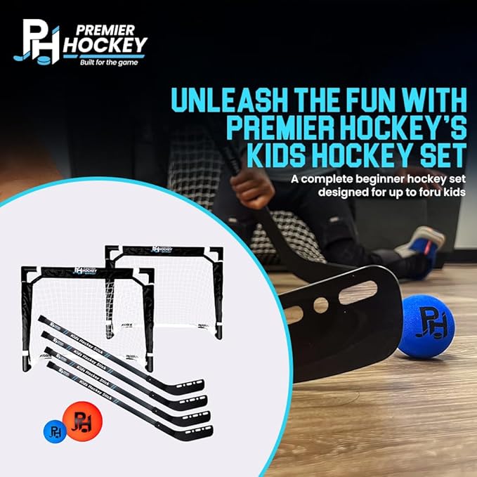 Premier Sports - Kids Hockey Set – (4) Sticks, (2) Mini Goals, (1) Foam & (1) Standard Balls – Complete Beginner Set for Ages 3-9