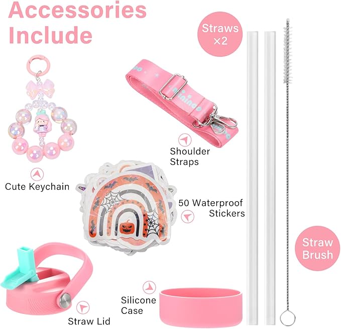 Mininoo Insulated Stainless Steel Kids Water Bottle for School with Straw Lid & Strap, 50 Stickers, 18 oz(Pink/Sky)