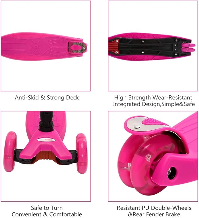 ChromeWheels Foldable Scooters for Kids, Deluxe Kick Scooter 4 Adjustable Height 132lbs Weight Limit 3 Wheel, Lean to Steer LED Light Up Wheels, Best Gifts for Girls Boys Age 3-12 Year Old