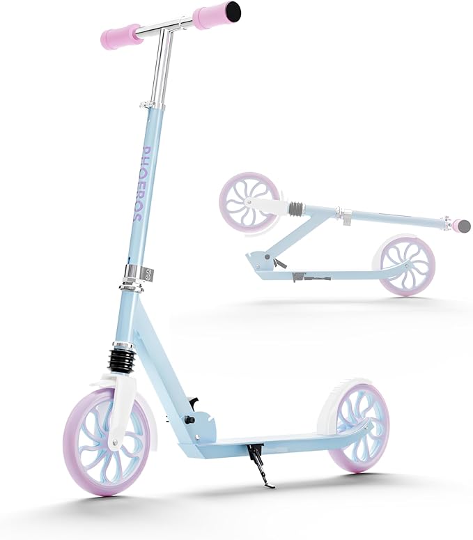 PHOEROS Kick Scooter for Kids Ages 6-12,Teens & Adults, Youth. Lightweight Aluminum Kick Scooter for Teens Adults Boys Girls with 8 inch Big Wheels, Foldable, 3 Height Adjustable, Shock Absorption.