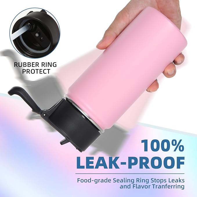 Volhoply 16 OZ Kids Water Bottle Bulk 8 Pack,Insulated Sports Bottles with Straw Lid,Stainless Steel Bottle with Handle Keep Cold & Hot,Double Wall Vacuum Tumbler Cups for School,Girls(Pink, 8)