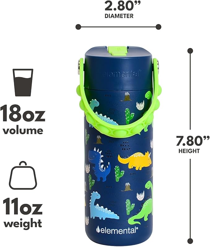 Elemental Insulated Kids Water Bottle, Stainless Steel Water Bottle with Straw Lid & Pop-It Handle, Leak-Proof Water Bottles for School, Boys or Girls, Travelling and Sports, 18oz - Dinosaur