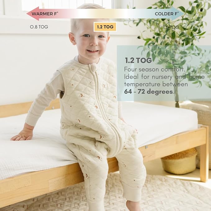 Tealbee Dreamsuit Toddler Sleep Sack with Feet – Walker Sleep Bag with Legs, Rayon made from Bamboo, All Season 1.2 TOG, 2-Way Zipper, 12m-2T - Moons&Stars