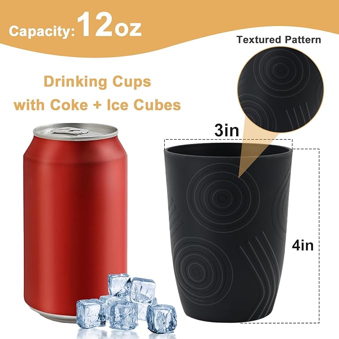 6 Pack Wheat Straw Cups 12 oz, Plastic Cups Reusable Drinking Glasses, Small Kids Cup, Unbreakable Water Tumblers Set Kitchen Cup Dishwasher Safe (Black, Grey)