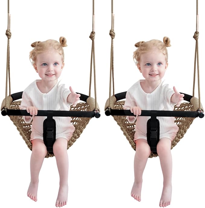 2 -in- 1 Toddler Swing. Swing Seat for Kids with Adjustable Ropes, for Kids Heavy Duty Rope Play Secure Children Swings Set, for Outdoor Indoor, (Light Brown 2-Pack)