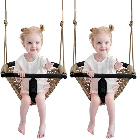 2 -in- 1 Toddler Swing. Swing Seat for Kids with Adjustable Ropes, for Kids Heavy Duty Rope Play Secure Children Swings Set, for Outdoor Indoor, (Light Brown 2-Pack)