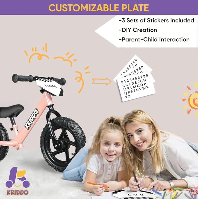 KRIDDO Toddler Balance Bike 2 Year Old, Age 24 Months to 5 Years Old, 12 Inch Push Bicycle with Customize Plate (3 Sets of Stickers Included), Steady Balancing, Gift Bike for 2-3 Boys Girls, Pink