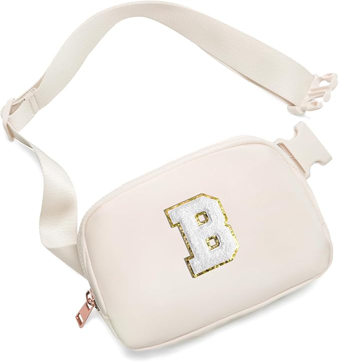 Gitus Birthday Gifts for 8 9 10 11 12 13 Year Old Girls Personalized Fanny Pack Crossbody Bags with Initial Letter Patch Belt Bag for Teen Girls Cute Trendy Stuff Travel Essentials (Ivory-B)