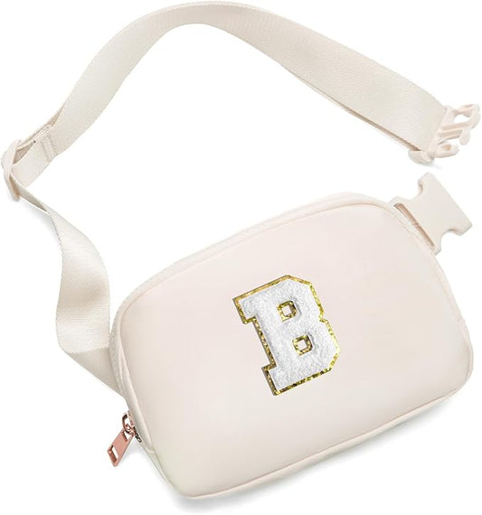 Gitus Birthday Gifts for 8 9 10 11 12 13 Year Old Girls Personalized Fanny Pack Crossbody Bags with Initial Letter Patch Belt Bag for Teen Girls Cute Trendy Stuff Travel Essentials (Ivory-B)
