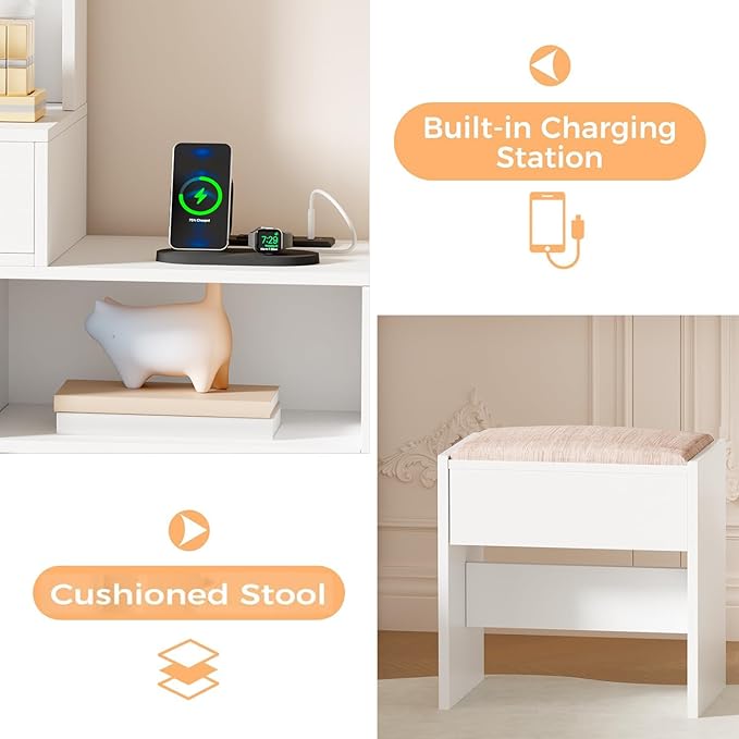 ANWBROAD Makeup Vanity Desk with Mirror & 10 LED Lights Big Vanity Set with Charging Station, Nightstand, Drawers, Storage Shelves, Stool, Bedroom Dressing Table for Women Girls White UBDT13W