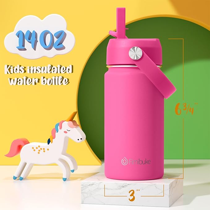 Fimibuke Kids Insulated Water Bottle, 14oz BPA FREE 18/8 Stainless Steel Travel Tumbler Double Wall Vacuum Leak Proof Kids Cup with Straw Metal Water Bottle for School Boys Girls(1 Pack, Magenta)