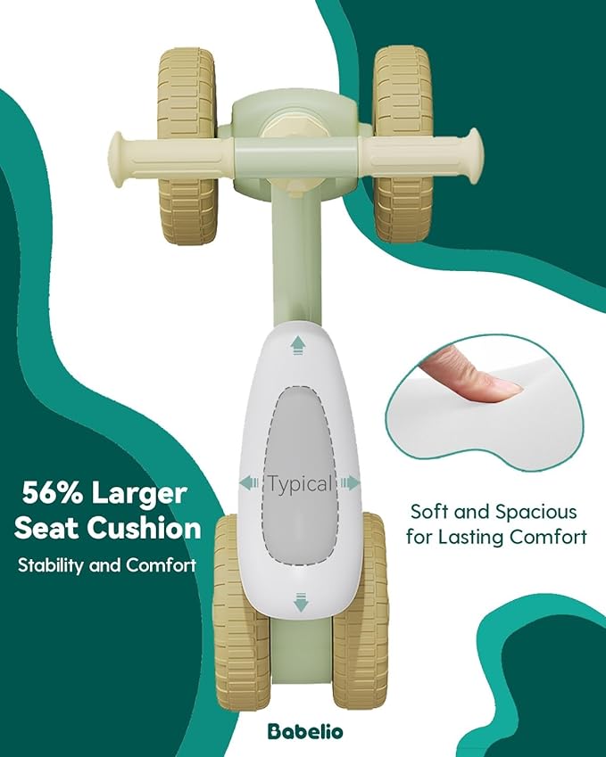 BABELIO Updated Baby Balance Bike for 1 Year Old Boys Girls, 10-36 Month Toddler Balance Bike, 4-Wheel Off-Roader Design, Adjustable Seat & Handlebar - Green