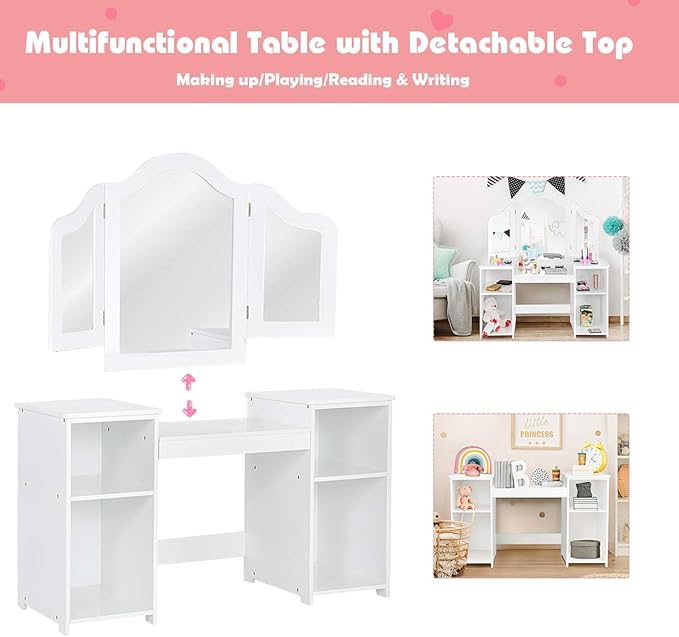 Costzon Kids Vanity, 2 in 1 Princess Makeup Desk Dressing Table with Detachable Top, Toddler Vanity with Tri-fold Mirror & Storage Shelves, Vanity for Little Girls, White