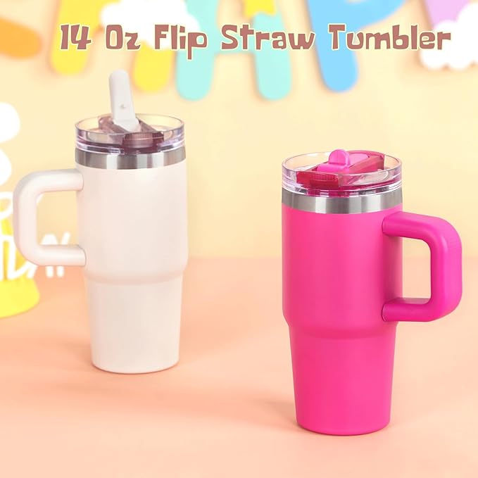 Cosictic 14 Oz Flip Straw Tumbler with Handle for Kids, Stainless Steel Double Wall Insulated Cup for Children with Flip Top Lid, 14 Oz Leak-proof Cups for Kids, Hot Pink and Rose Quartz